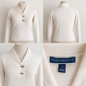 Karen Scott Preppy Sweater Women‎ Medium Winter White Toggles Nautical Timeless